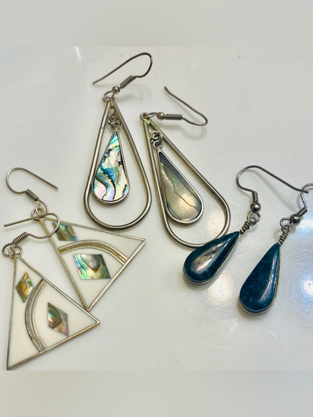 Alpaca  Mexico Silver Abalone Inlay Teardrop & Triangle Earrings